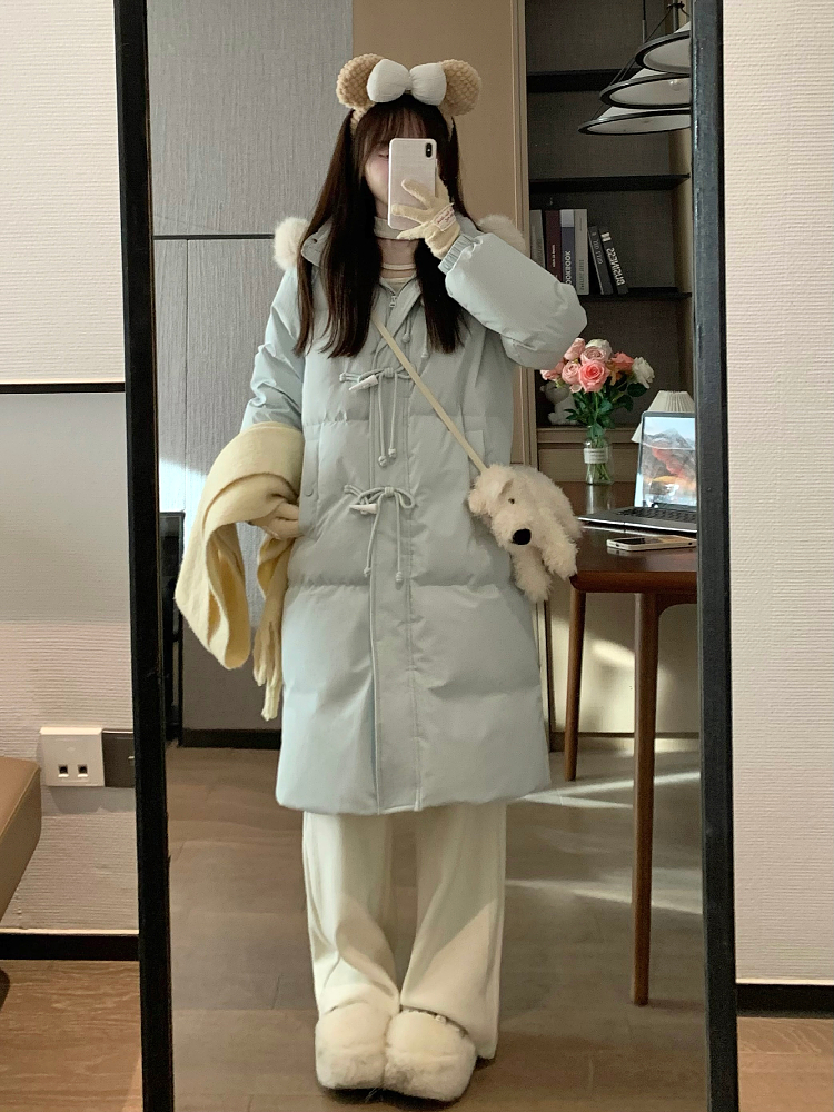 Slim Fit Blue Cotton Winter Coat with Horn Buckle Detail - Stylish and Warm Women's Outerwear for Sweet Winter Looks Slim Fit Blue Cotton Winter Coat with Horn Buckle Detail - Stylish and Warm Women's Outerwear for Sweet Winter Looks