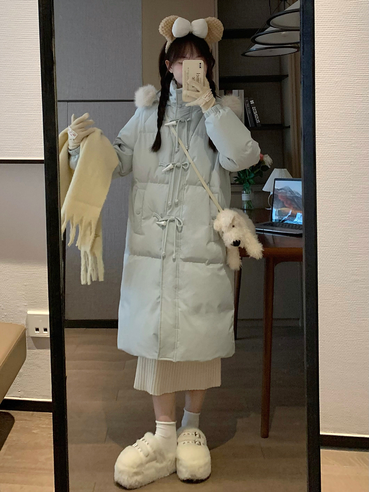 Slim Fit Blue Cotton Winter Coat with Horn Buckle Detail - Stylish and Warm Women's Outerwear for Sweet Winter Looks Slim Fit Blue Cotton Winter Coat with Horn Buckle Detail - Stylish and Warm Women's Outerwear for Sweet Winter Looks