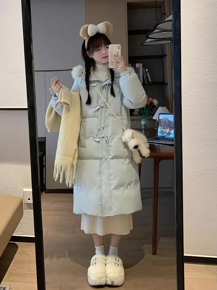 Slim Fit Blue Cotton Winter Coat with Horn Buckle Detail - Stylish and Warm Women's Outerwear for Sweet Winter Looks Slim Fit Blue Cotton Winter Coat with Horn Buckle Detail - Stylish and Warm Women's Outerwear for Sweet Winter Looks