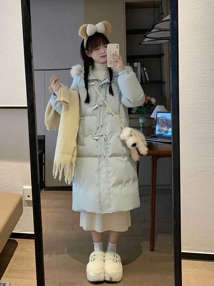 Slim Fit Blue Cotton Winter Coat with Horn Buckle Detail - Stylish and Warm Women's Outerwear for Sweet Winter Looks Slim Fit Blue Cotton Winter Coat with Horn Buckle Detail - Stylish and Warm Women's Outerwear for Sweet Winter Looks