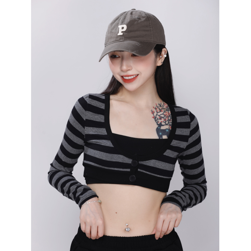 Slim-Fit Color-Blocking Cropped Striped Long Sleeve T-Shirt for Autumn & Winter Casual Style