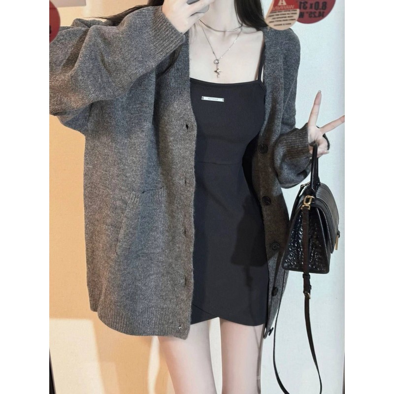 Slim Fit Gray Bodycon Dress for Women, Stylish Petite Design, Short Skirt & Sweater Cardigan Set, Perfect for Spring Fashion Slim Fit Gray Bodycon Dress for Women, Stylish Petite Design, Short Skirt & Sweater Cardigan Set, Perfect for Spring Fashion
