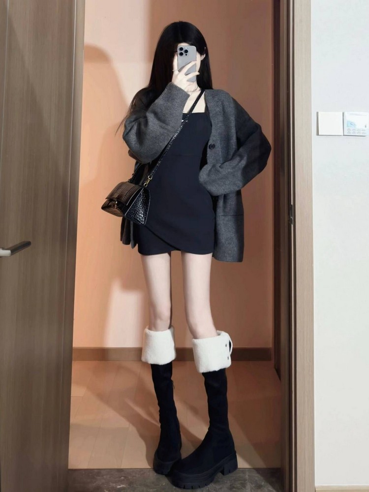 Slim Fit Gray Bodycon Dress for Women, Stylish Petite Design, Short Skirt & Sweater Cardigan Set, Perfect for Spring Fashion Slim Fit Gray Bodycon Dress for Women, Stylish Petite Design, Short Skirt & Sweater Cardigan Set, Perfect for Spring Fashion