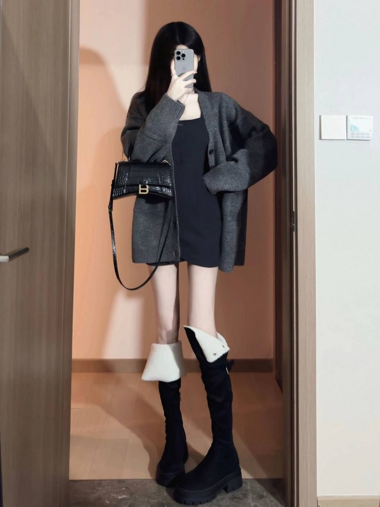 Slim Fit Gray Bodycon Dress for Women, Stylish Petite Design, Short Skirt & Sweater Cardigan Set, Perfect for Spring Fashion Slim Fit Gray Bodycon Dress for Women, Stylish Petite Design, Short Skirt & Sweater Cardigan Set, Perfect for Spring Fashion