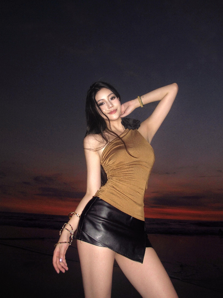 Slim-Fit Off-Shoulder Short Top and Irregular PU Leather Mini Skirt Set for Women - Summer American Style Fashion