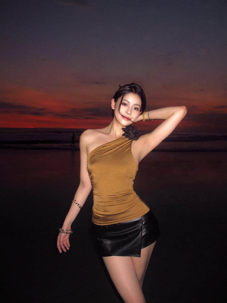 Slim-Fit Off-Shoulder Short Top and Irregular PU Leather Mini Skirt Set for Women - Summer American Style Fashion Slim-Fit Off-Shoulder Short Top and Irregular PU Leather Mini Skirt Set for Women - Summer American Style Fashion