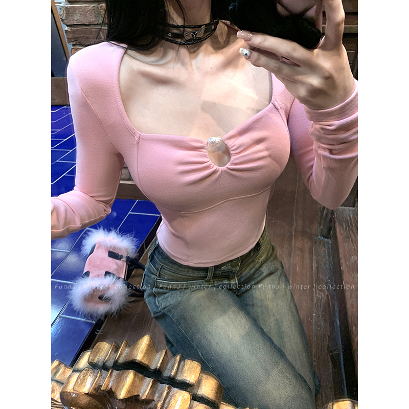 Slim Fit Square Neck Knitted Base Layer T-Shirt for Women - Heart-Stealing Angel Design, Waist-Defining, Chic Casual Style Slim Fit Square Neck Knitted Base Layer T-Shirt for Women - Heart-Stealing Angel Design, Waist-Defining, Chic Casual Style