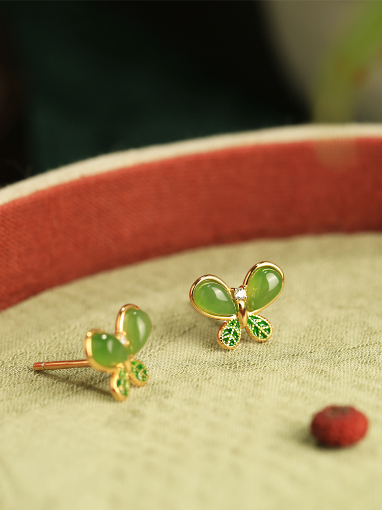 Small Silver Butterfly Earrings with Natural Hetian Jade - Chinese Style Green Jade Stone Accessories for Women Small Silver Butterfly Earrings with Natural Hetian Jade - Chinese Style Green Jade Stone Accessories for Women