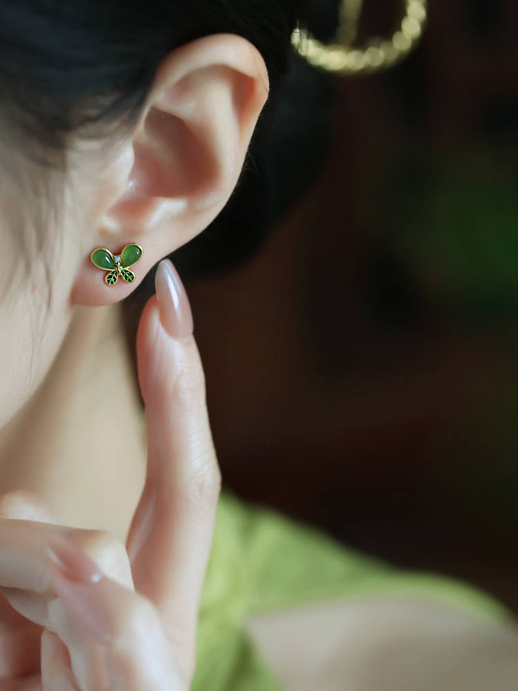 Small Silver Butterfly Earrings with Natural Hetian Jade - Chinese Style Green Jade Stone Accessories for Women Small Silver Butterfly Earrings with Natural Hetian Jade - Chinese Style Green Jade Stone Accessories for Women