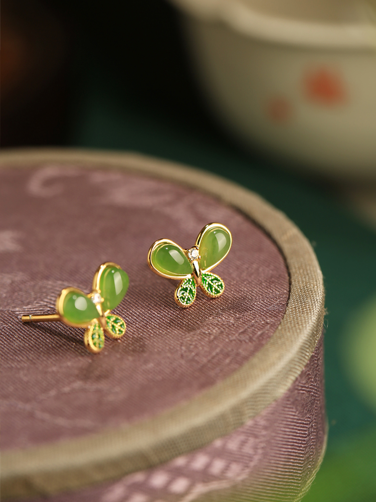 Small Silver Butterfly Earrings with Natural Hetian Jade - Chinese Style Green Jade Stone Accessories for Women Small Silver Butterfly Earrings with Natural Hetian Jade - Chinese Style Green Jade Stone Accessories for Women