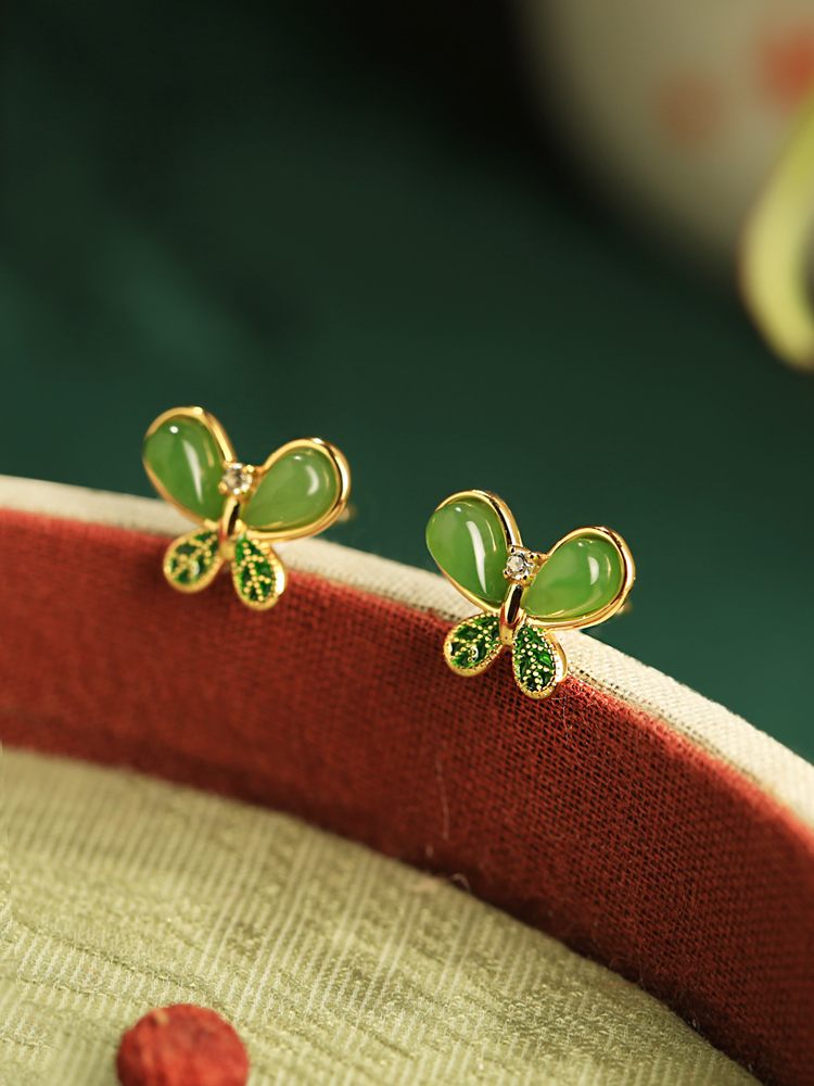Small Silver Butterfly Earrings with Natural Hetian Jade - Chinese Style Green Jade Stone Accessories for Women Small Silver Butterfly Earrings with Natural Hetian Jade - Chinese Style Green Jade Stone Accessories for Women