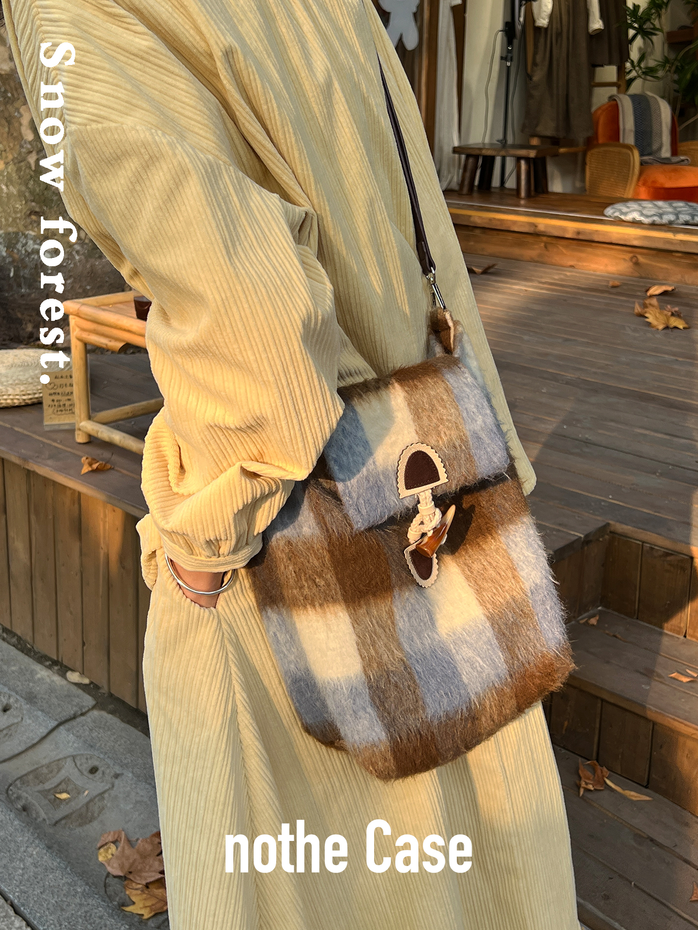 Snowy Mountain Forest Woolen Plaid Crossbody Bag - Retro Large-Capacity Versatile Shoulder Bag for Y2K and Vintage Style