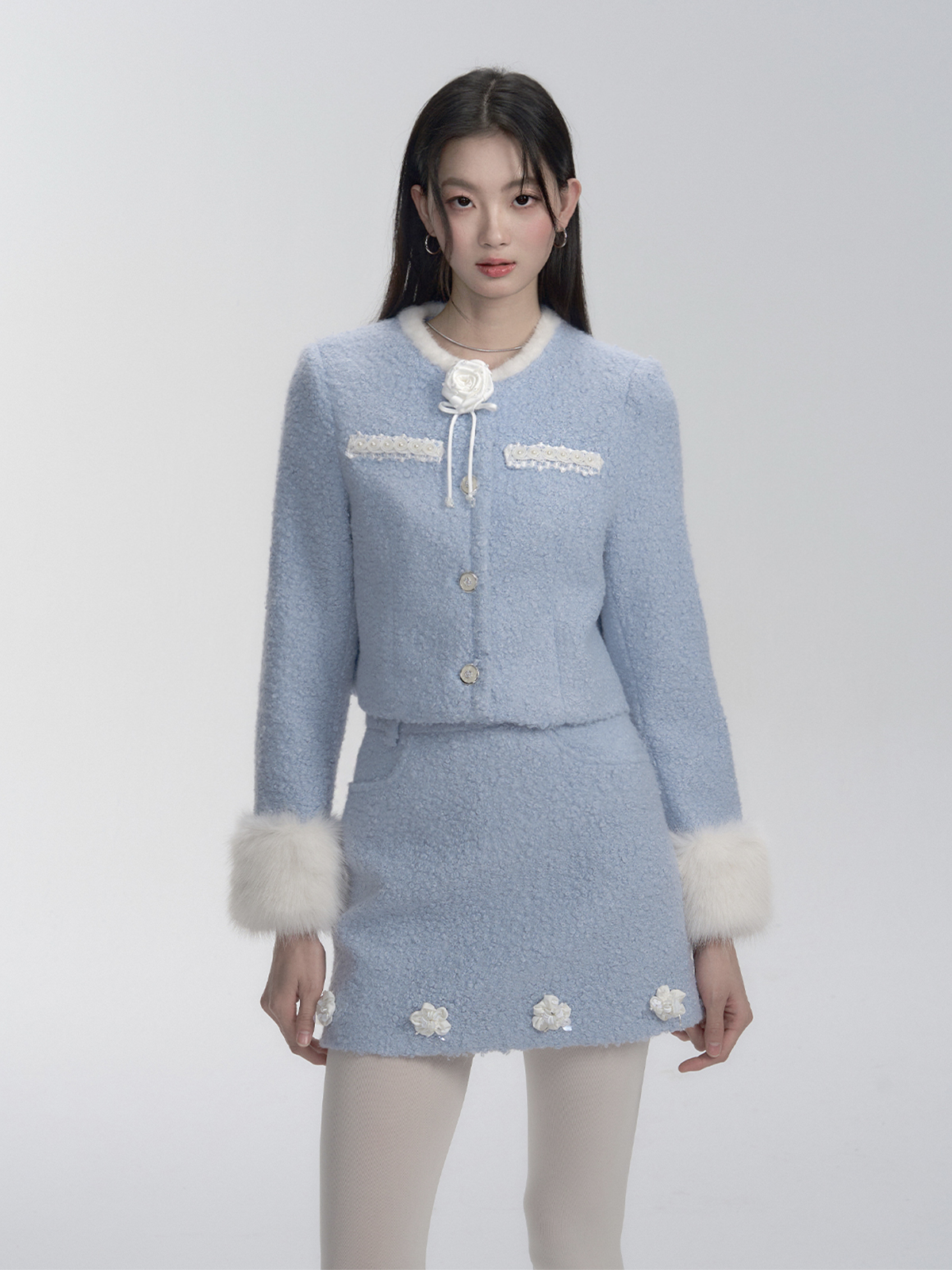 Snowy Romance High-End Three-Dimensional Floral Chanel Style Jacket and Skirt Two-Piece Set - Elegant Y2K Fashion Snowy Romance High-End Three-Dimensional Floral Chanel Style Jacket and Skirt Two-Piece Set - Elegant Y2K Fashion