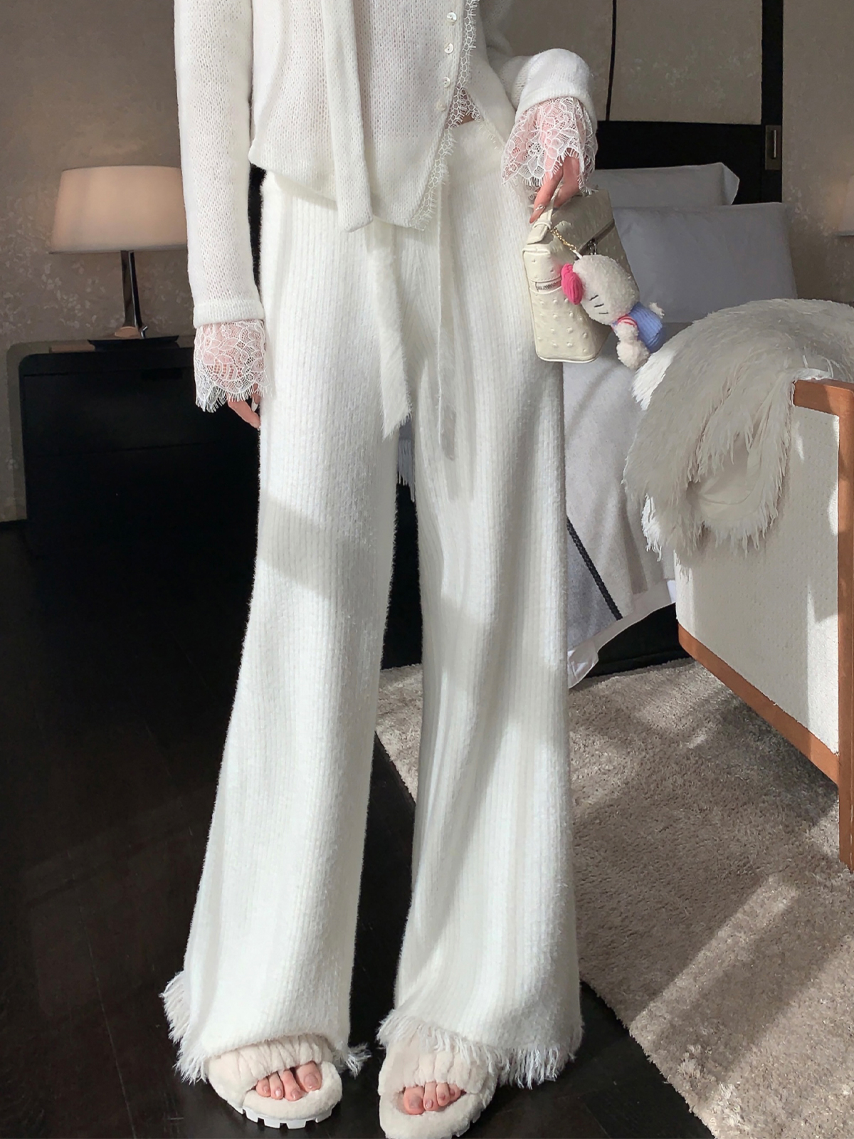 Soft Fluffy Draped Mink Velvet High Waist Wide-Leg Pants for Women with Tassel Edges - Autumn Winter Fashion Essentials