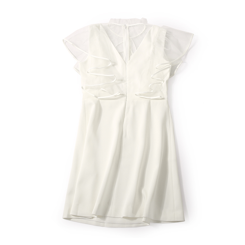 Solid Color Floral Mesh Ruffled Waist Dress with Stand Collar and Diamond Embellishments - Summer 90s Inspired Fashion Solid Color Floral Mesh Ruffled Waist Dress with Stand Collar and Diamond Embellishments - Summer 90s Inspired Fashion