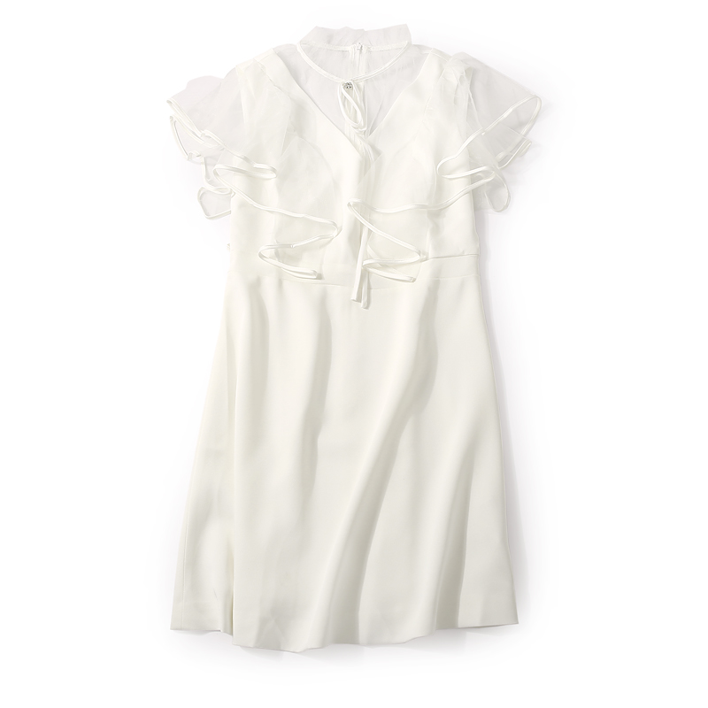 Solid Color Floral Mesh Ruffled Waist Dress with Stand Collar and Diamond Embellishments - Summer 90s Inspired Fashion Solid Color Floral Mesh Ruffled Waist Dress with Stand Collar and Diamond Embellishments - Summer 90s Inspired Fashion