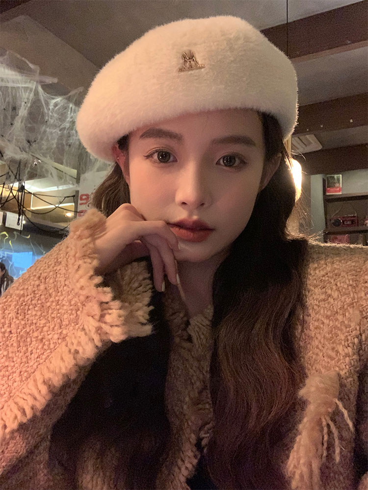 Solid Color Mink Fur Beret for Women - Plush Winter Painter Hat 2025, Face-Shaping Design, Trendy Y2K Fashion Accessory