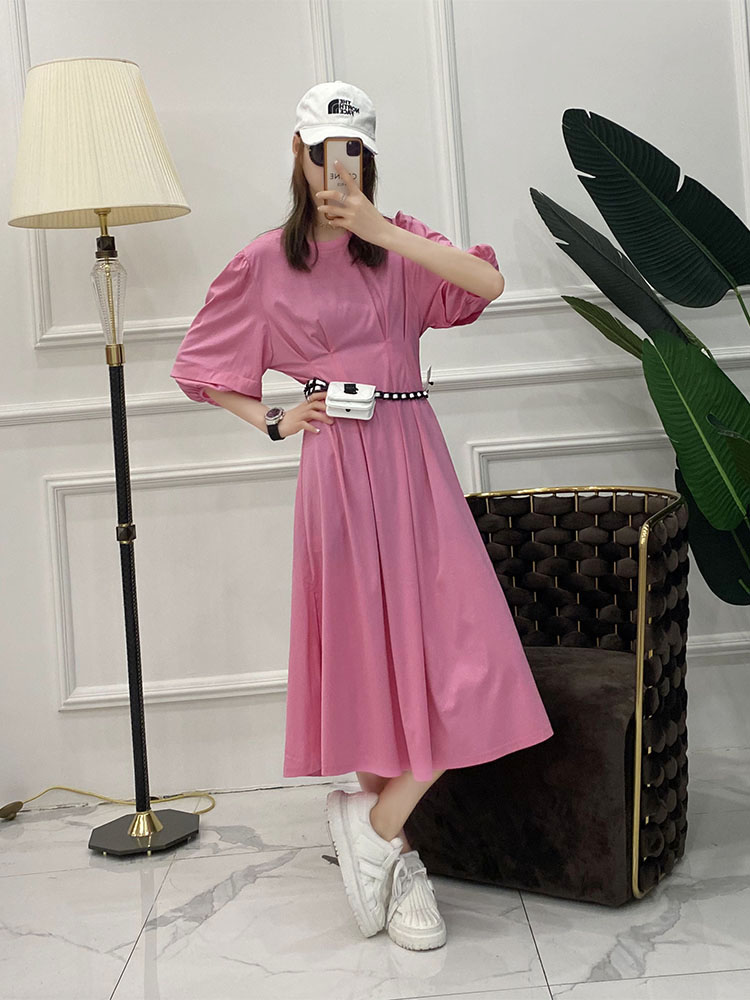 Solid Color Pleated Waist-Defined Puff Sleeve Side Split Mid-Length Casual Slim Dress for Women - European Summer Style