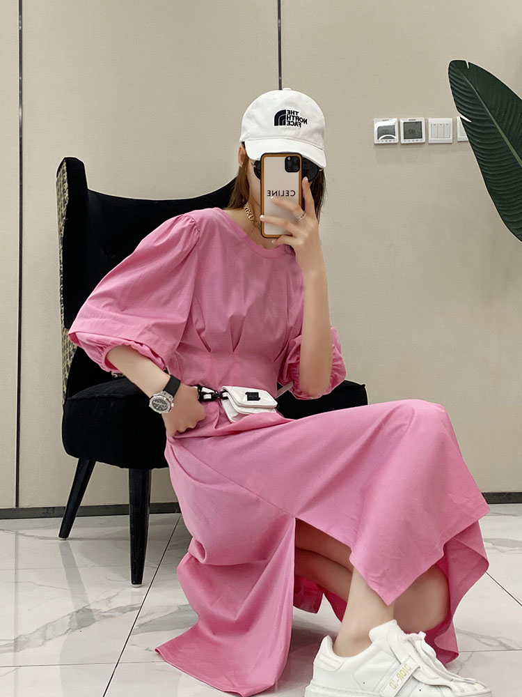 Solid Color Pleated Waist-Defined Puff Sleeve Side Split Mid-Length Casual Slim Dress for Women - European Summer Style Solid Color Pleated Waist-Defined Puff Sleeve Side Split Mid-Length Casual Slim Dress for Women - European Summer Style