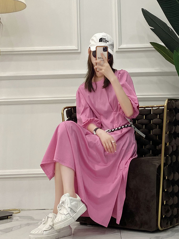 Solid Color Pleated Waist-Defined Puff Sleeve Side Split Mid-Length Casual Slim Dress for Women - European Summer Style Solid Color Pleated Waist-Defined Puff Sleeve Side Split Mid-Length Casual Slim Dress for Women - European Summer Style