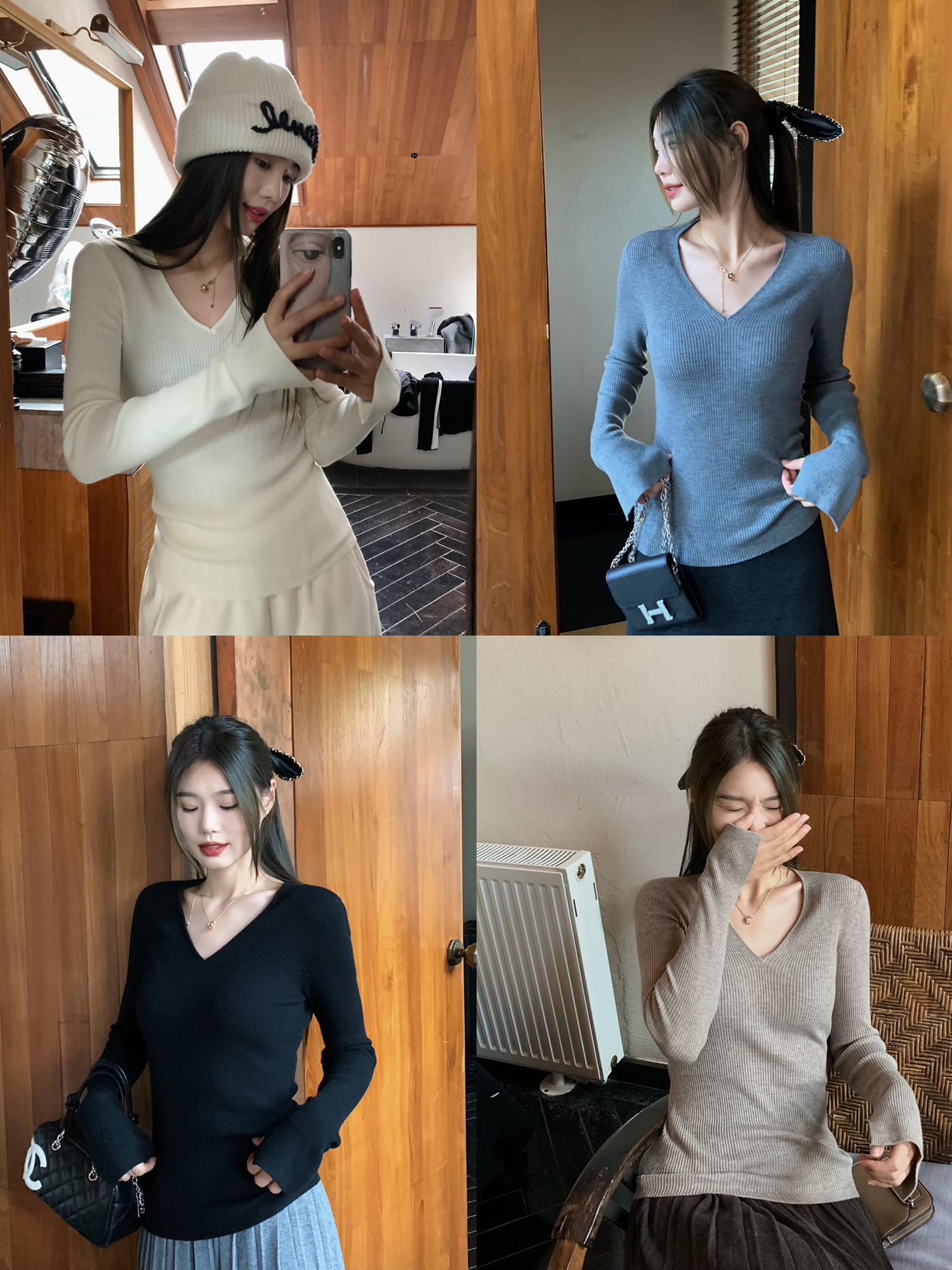 Solid Color V-Neck Silk Wool Slim Fit Base Shirt for Women - Essential Layering Piece, Perfect for 90s and Y2K Fashion Styles