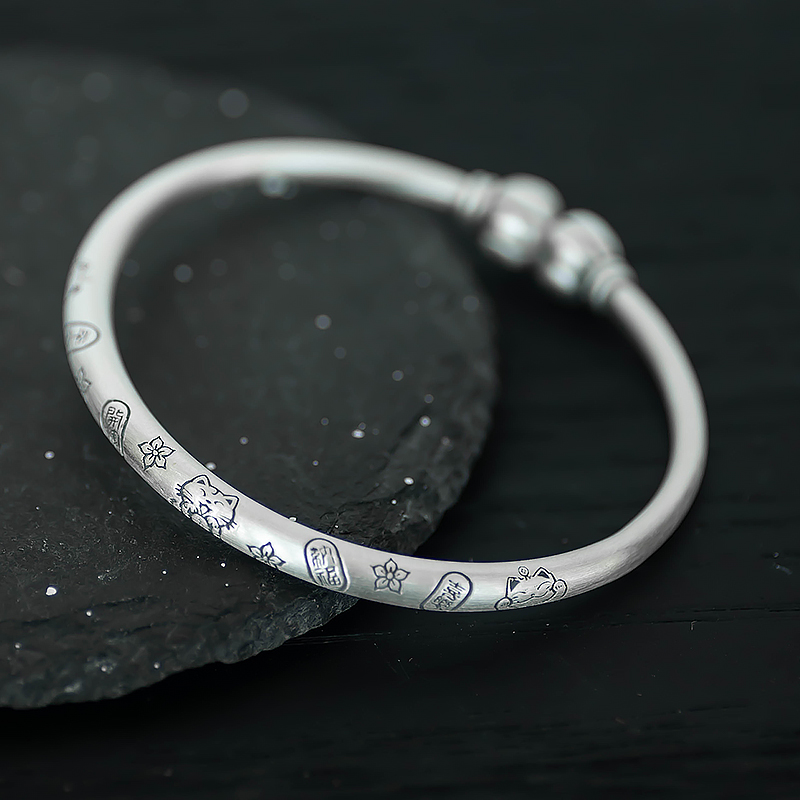 Solid Pure Silver 999 Open Bangle with Pumpkin Head Design - Ethnic Style, National Trend, Auspicious Peace and Fortune Jewelry Solid Pure Silver 999 Open Bangle with Pumpkin Head Design - Ethnic Style, National Trend, Auspicious Peace and Fortune Jewelry