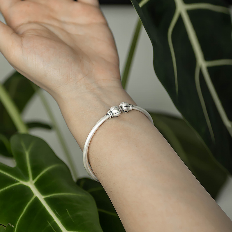 Solid Pure Silver 999 Open Bangle with Pumpkin Head Design - Ethnic Style, National Trend, Auspicious Peace and Fortune Jewelry Solid Pure Silver 999 Open Bangle with Pumpkin Head Design - Ethnic Style, National Trend, Auspicious Peace and Fortune Jewelry