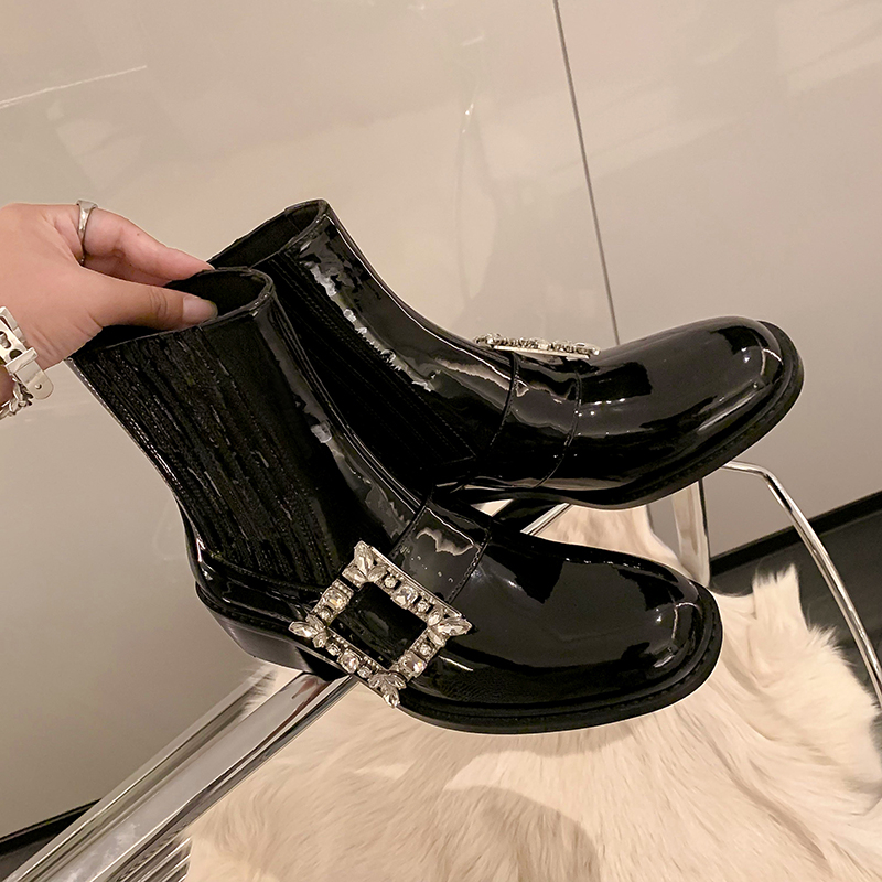 Sparkling Rhinestone Square Buckle Chunky Heel Patent Leather Chelsea Boots for Women - Mid-Heel Round Toe Autumn/Winter Style Sparkling Rhinestone Square Buckle Chunky Heel Patent Leather Chelsea Boots for Women - Mid-Heel Round Toe Autumn/Winter Style
