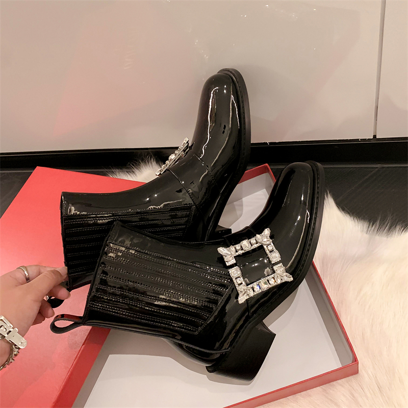 Sparkling Rhinestone Square Buckle Chunky Heel Patent Leather Chelsea Boots for Women - Mid-Heel Round Toe Autumn/Winter Style