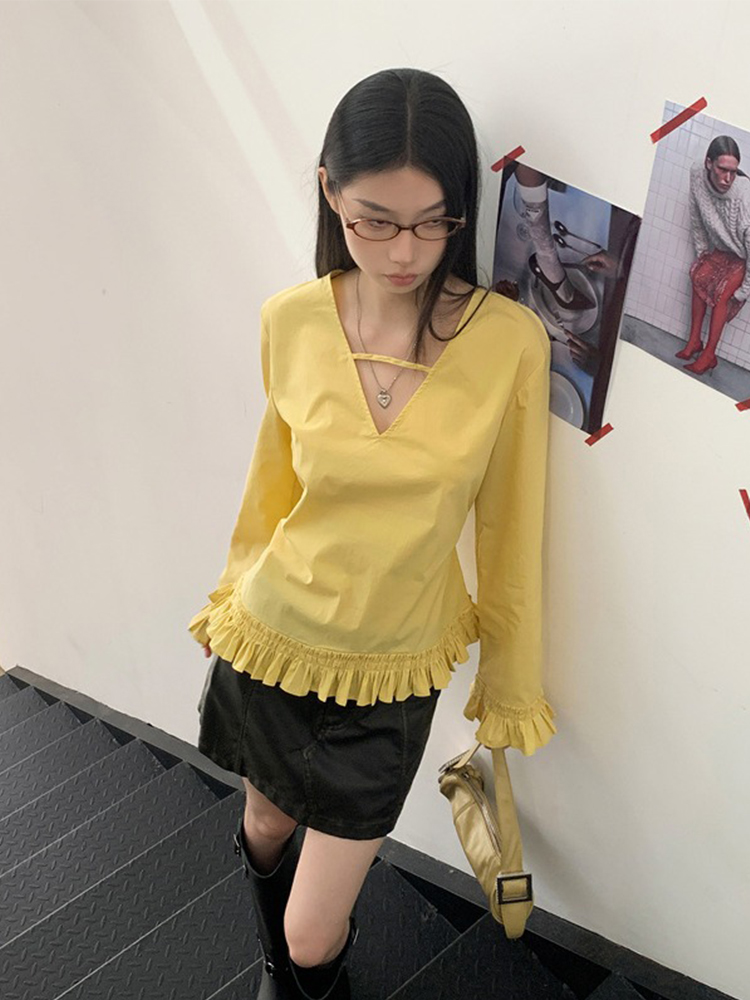 Spicy Girl Style Long Sleeve Top with Ear-Shaped Edges, Slim-Fit Waist-Cinching Casual Shirt for Autumn Vibes Spicy Girl Style Long Sleeve Top with Ear-Shaped Edges, Slim-Fit Waist-Cinching Casual Shirt for Autumn Vibes