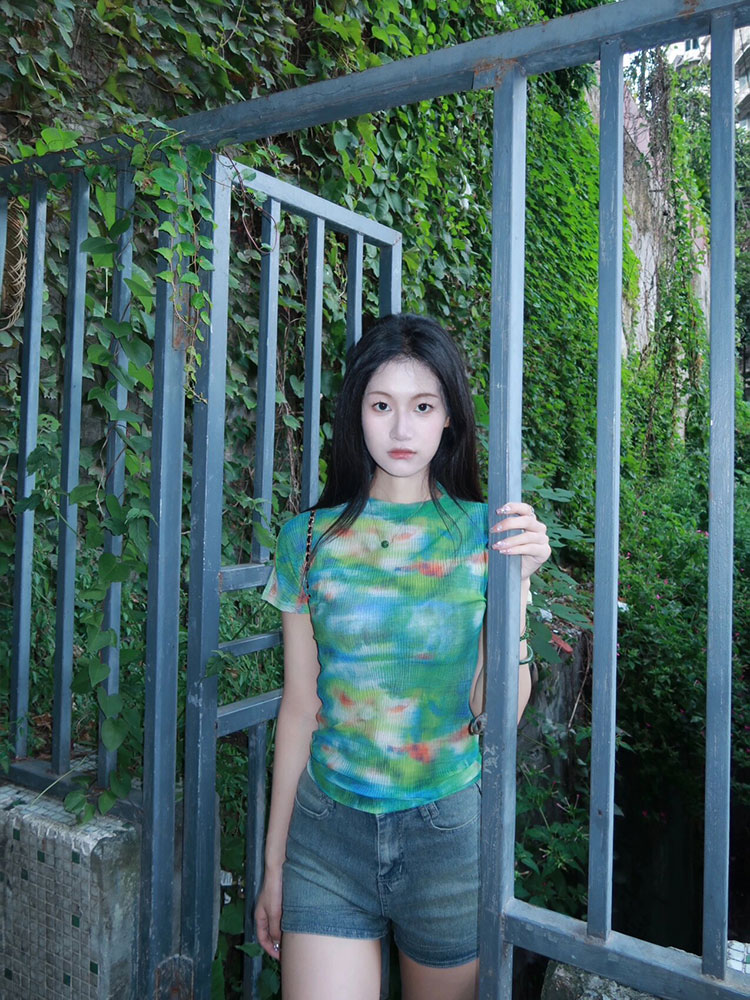 Spicy Girl Tie-Dye Mesh Short Sleeve Fitted Cropped T-Shirt - Casual Versatile Style for 90s and Y2K Fashion Lovers