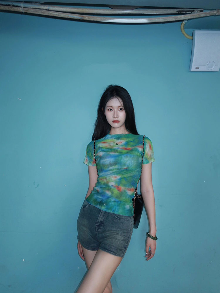 Spicy Girl Tie-Dye Mesh Short Sleeve Fitted Cropped T-Shirt - Casual Versatile Style for 90s and Y2K Fashion Lovers Spicy Girl Tie-Dye Mesh Short Sleeve Fitted Cropped T-Shirt - Casual Versatile Style for 90s and Y2K Fashion Lovers