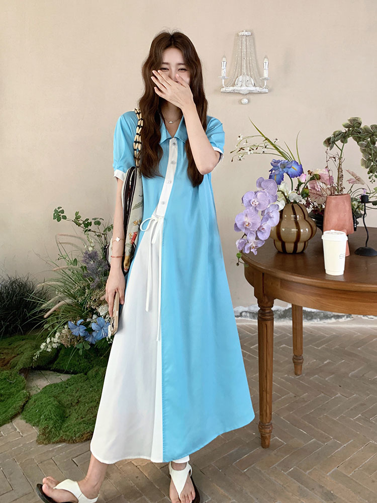 Spliced Short-Sleeve A-Line Dress for Women - 2025 Summer Korean Style, Loose Fit, Fashionable Mid-Length Design Spliced Short-Sleeve A-Line Dress for Women - 2025 Summer Korean Style, Loose Fit, Fashionable Mid-Length Design