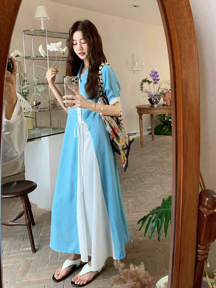 Spliced Short-Sleeve A-Line Dress for Women - 2025 Summer Korean Style, Loose Fit, Fashionable Mid-Length Design Spliced Short-Sleeve A-Line Dress for Women - 2025 Summer Korean Style, Loose Fit, Fashionable Mid-Length Design