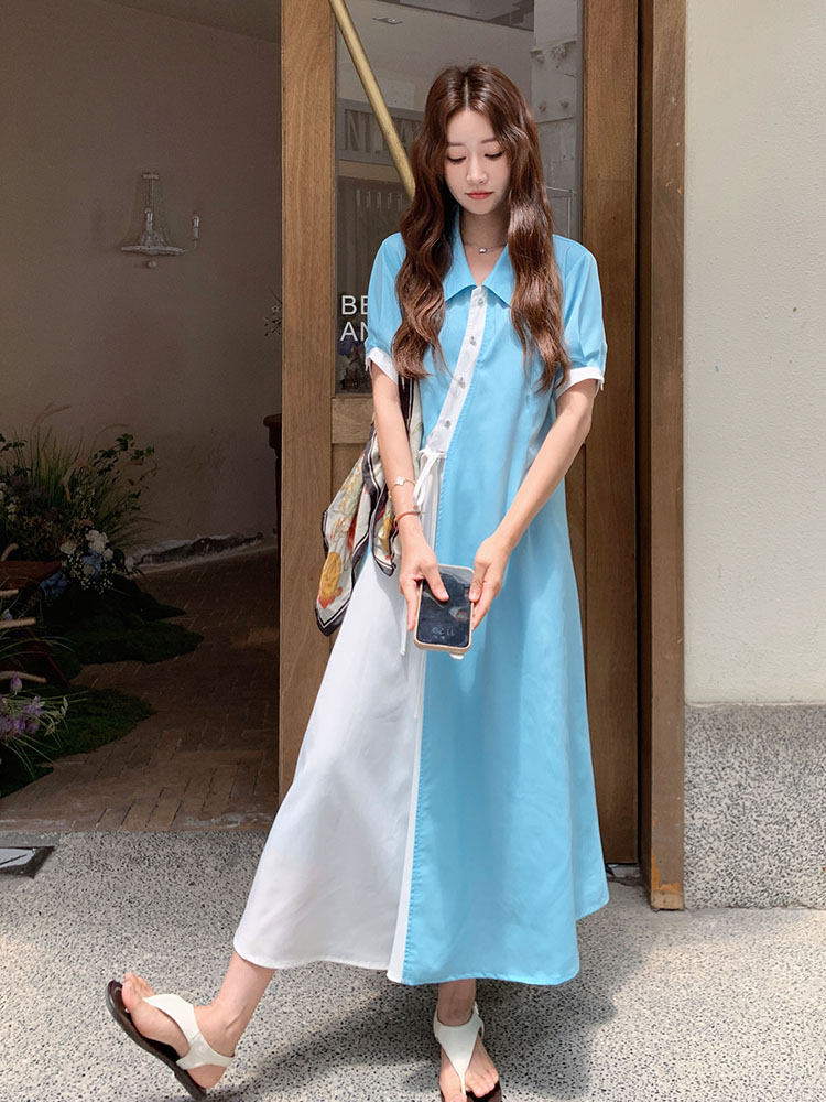 Spliced Short-Sleeve A-Line Dress for Women - 2025 Summer Korean Style, Loose Fit, Fashionable Mid-Length Design Spliced Short-Sleeve A-Line Dress for Women - 2025 Summer Korean Style, Loose Fit, Fashionable Mid-Length Design