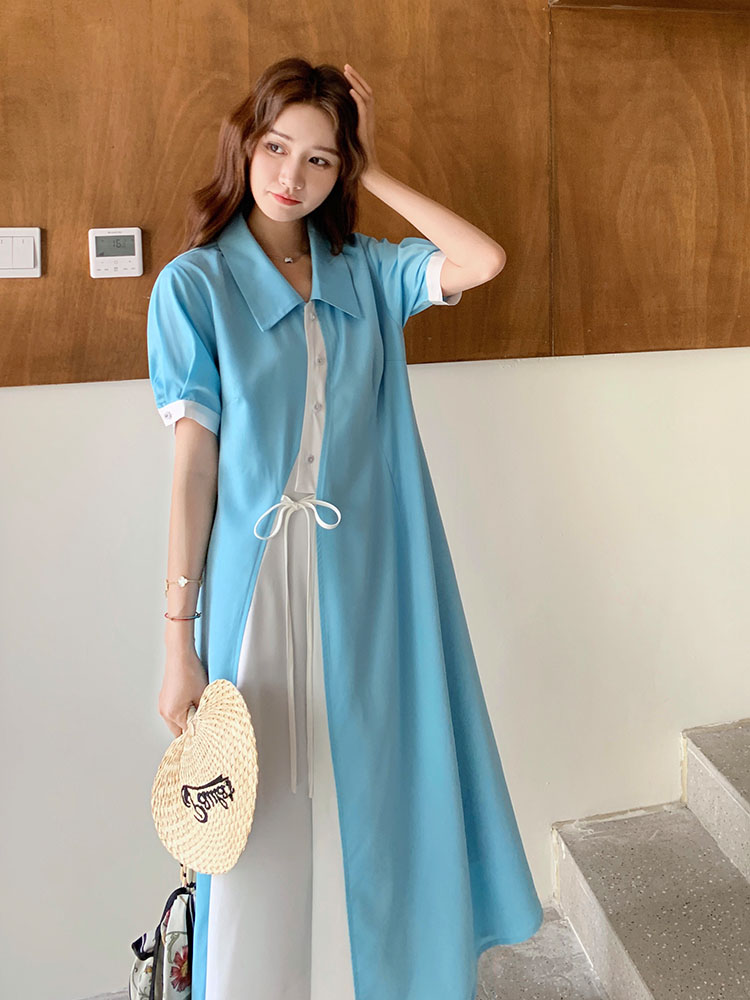 Spliced Short-Sleeve A-Line Dress for Women - 2025 Summer Korean Style, Loose Fit, Fashionable Mid-Length Design Spliced Short-Sleeve A-Line Dress for Women - 2025 Summer Korean Style, Loose Fit, Fashionable Mid-Length Design