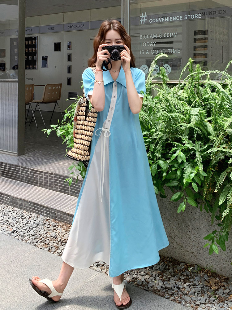 Spliced Short-Sleeve A-Line Dress for Women - 2025 Summer Korean Style, Loose Fit, Fashionable Mid-Length Design