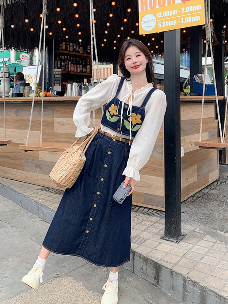 Spring 2025 Women's Three-Piece Outfit Set - Trendy National Style Embroidered Denim Vest Dress - Street Style Chic Spring 2025 Women's Three-Piece Outfit Set - Trendy National Style Embroidered Denim Vest Dress - Street Style Chic