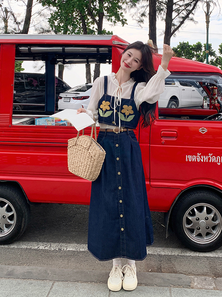 Spring 2025 Women's Three-Piece Outfit Set - Trendy National Style Embroidered Denim Vest Dress - Street Style Chic Spring 2025 Women's Three-Piece Outfit Set - Trendy National Style Embroidered Denim Vest Dress - Street Style Chic