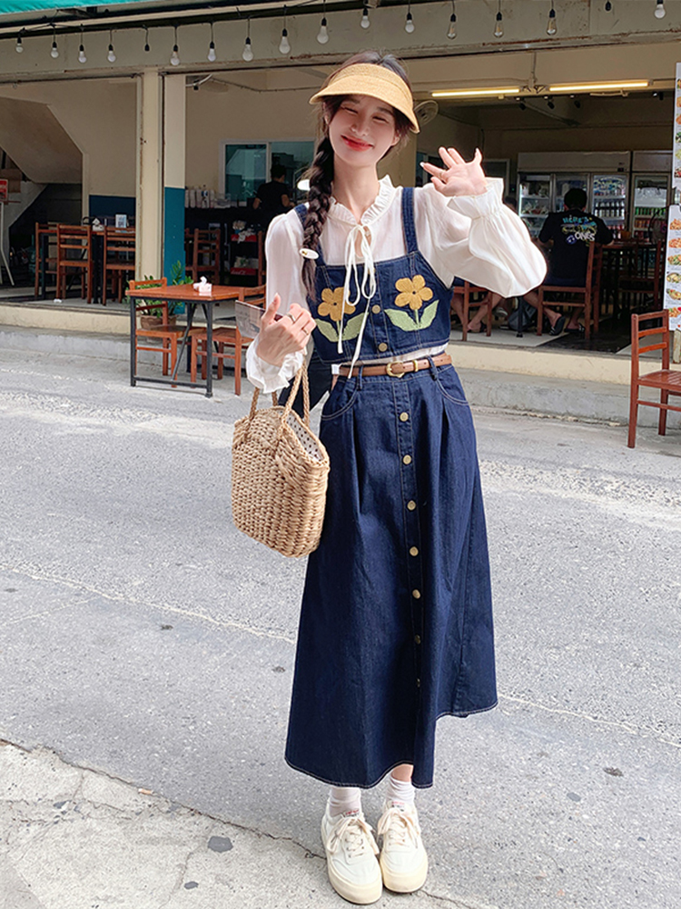 Spring 2025 Women's Three-Piece Outfit Set - Trendy National Style Embroidered Denim Vest Dress - Street Style Chic