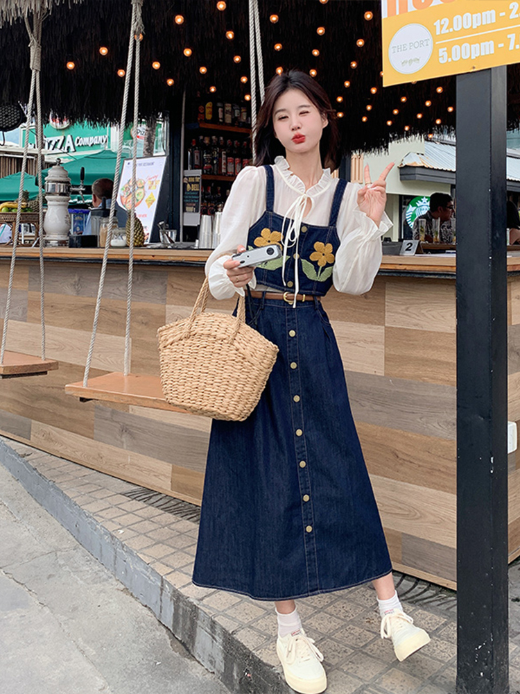 Spring 2025 Women's Three-Piece Outfit Set - Trendy National Style Embroidered Denim Vest Dress - Street Style Chic Spring 2025 Women's Three-Piece Outfit Set - Trendy National Style Embroidered Denim Vest Dress - Street Style Chic