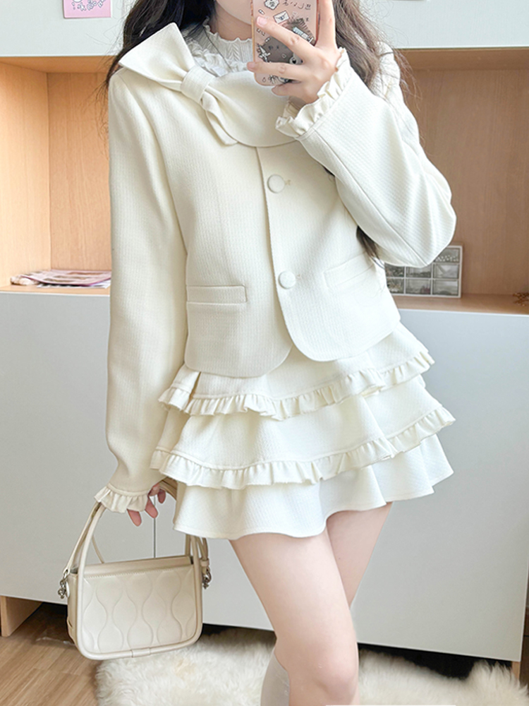Spring College Style JK Uniform Coat with Bowknot and Cake Skirt - Women's Pudding Bear Inspired Little Chanel Look Spring College Style JK Uniform Coat with Bowknot and Cake Skirt - Women's Pudding Bear Inspired Little Chanel Look