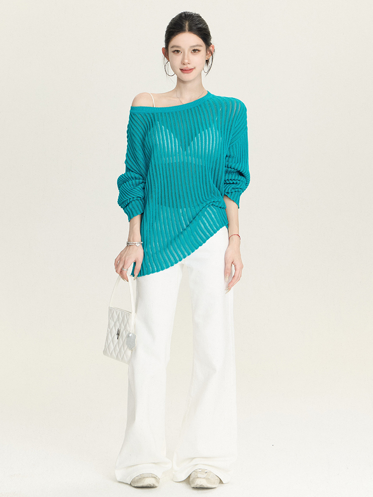 Spring Summer Striped Sheer Long Sleeve Sweater Top - Loose Slimming Paper Doll Design Spring Summer Striped Sheer Long Sleeve Sweater Top - Loose Slimming Paper Doll Design