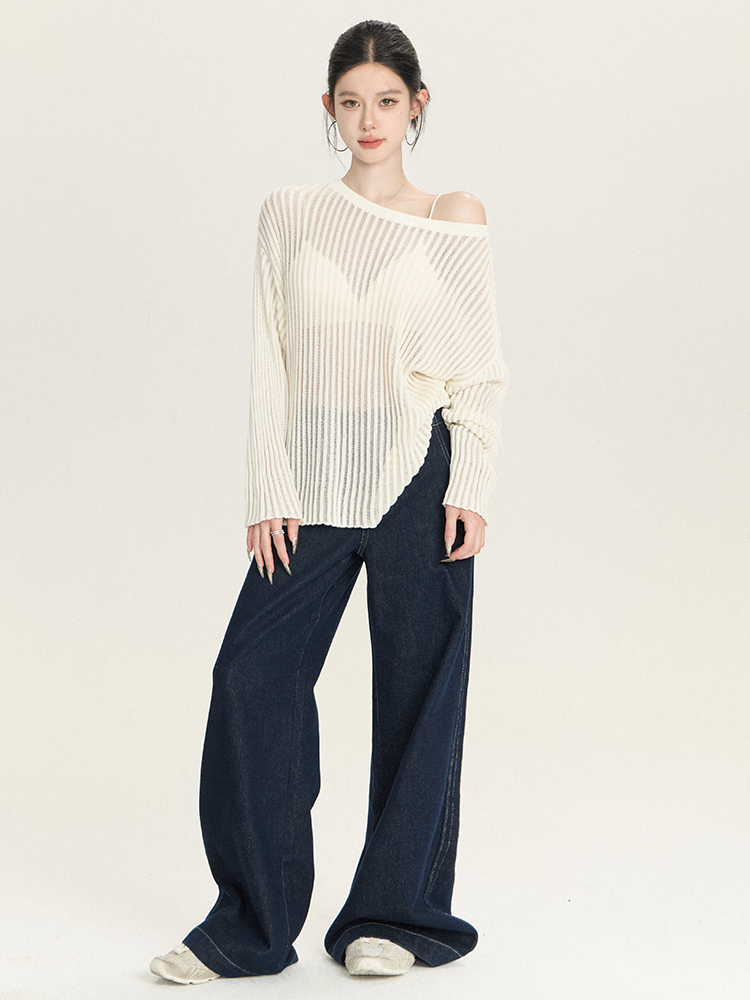 Spring Summer Striped Sheer Long Sleeve Sweater Top - Loose Slimming Paper Doll Design Spring Summer Striped Sheer Long Sleeve Sweater Top - Loose Slimming Paper Doll Design