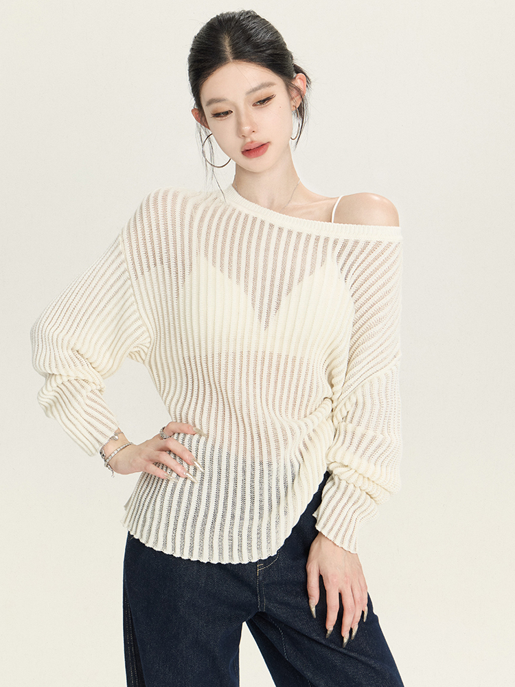 Spring Summer Striped Sheer Long Sleeve Sweater Top - Loose Slimming Paper Doll Design Spring Summer Striped Sheer Long Sleeve Sweater Top - Loose Slimming Paper Doll Design