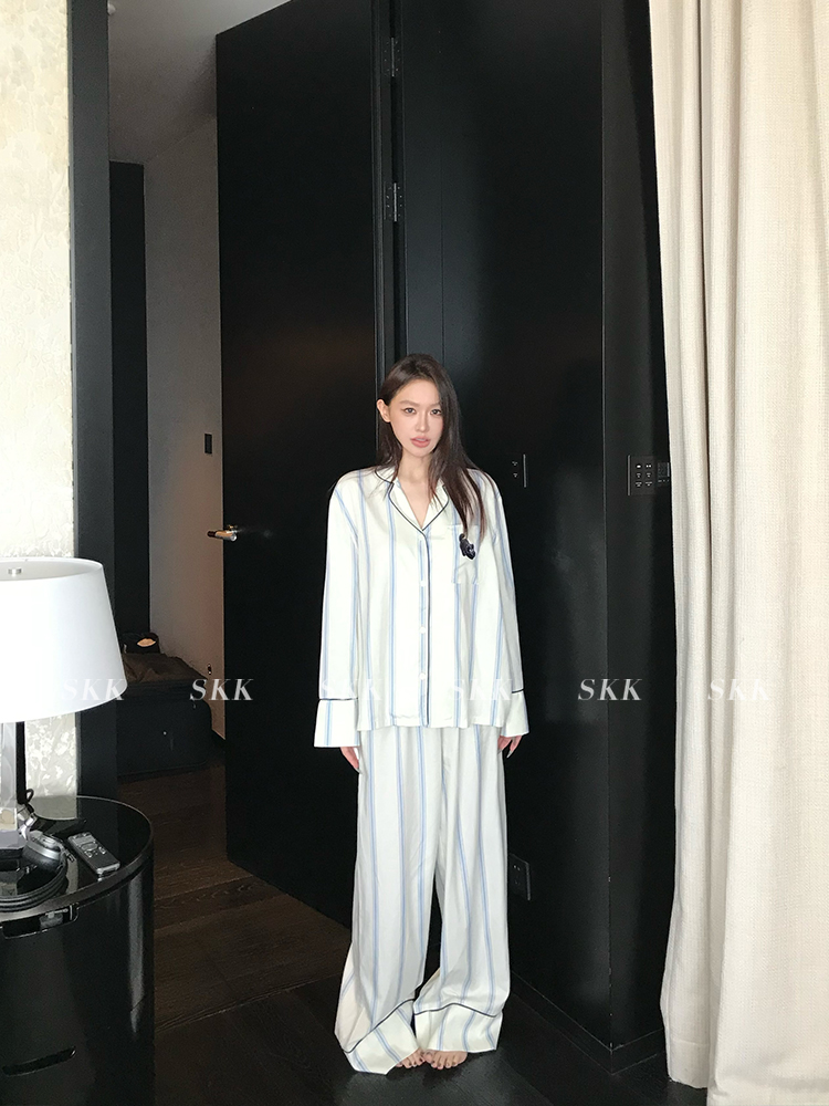 Spring Women's Urban Striped Pajama Set with Small Lapel - Comfortable Lycra Tencel Homewear for Relaxed Living Spring Women's Urban Striped Pajama Set with Small Lapel - Comfortable Lycra Tencel Homewear for Relaxed Living