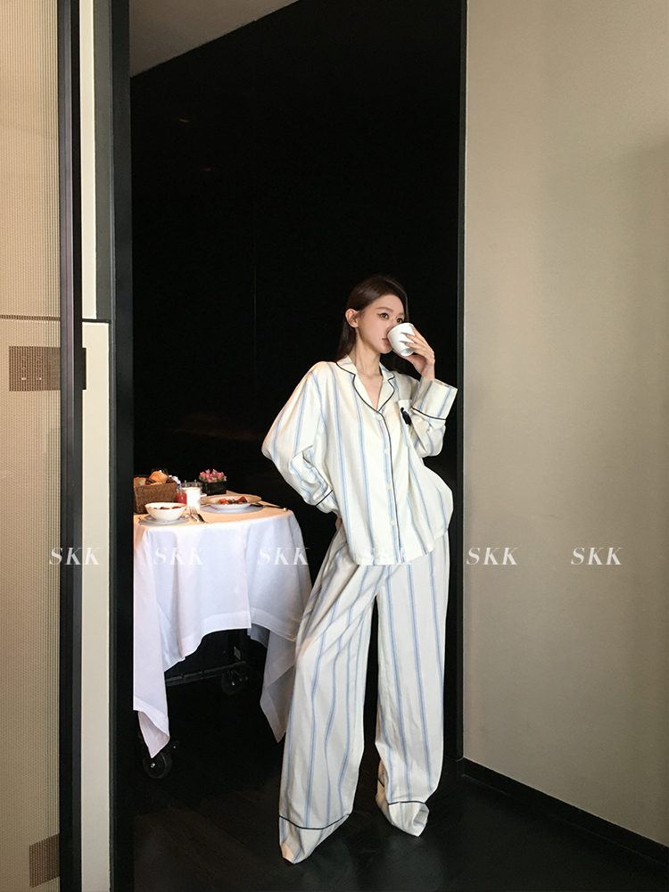 Spring Women's Urban Striped Pajama Set with Small Lapel - Comfortable Lycra Tencel Homewear for Relaxed Living