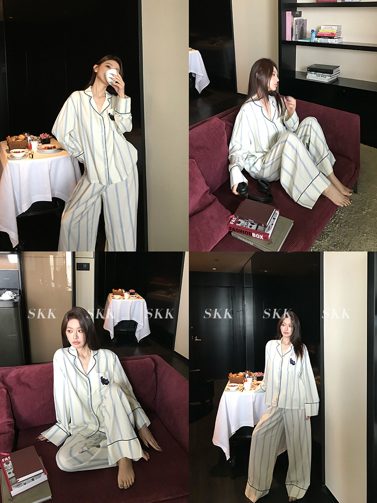 Spring Women's Urban Striped Pajama Set with Small Lapel - Comfortable Lycra Tencel Homewear for Relaxed Living Spring Women's Urban Striped Pajama Set with Small Lapel - Comfortable Lycra Tencel Homewear for Relaxed Living