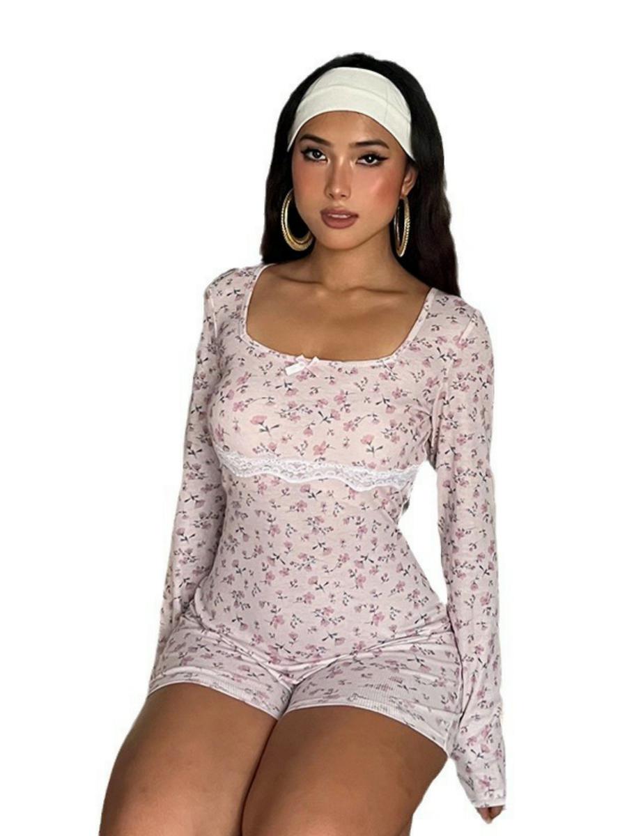 Square Collar Lace Long Sleeve Floral Print Jumpsuit - Casual Slim Fit Bodycon Shorts for Early Autumn European Style Square Collar Lace Long Sleeve Floral Print Jumpsuit - Casual Slim Fit Bodycon Shorts for Early Autumn European Style