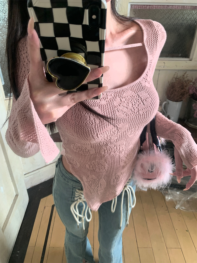 Square Design Slim Fit Knitted Top for Women, Waist-Defining Layering Shirt, Autumn Fashion Essential